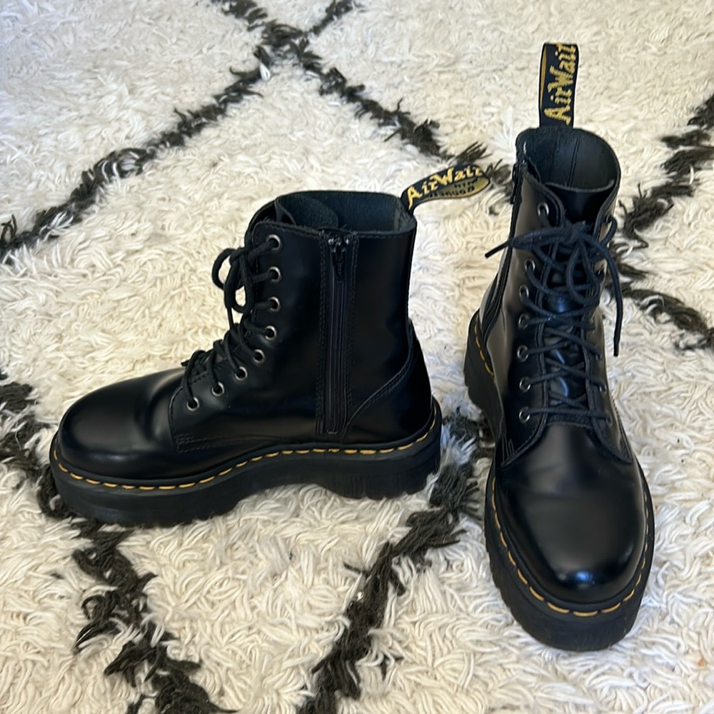 Dr. Martens Black Leather Platform Lace-Up Combat Boots with Yellow Stitching